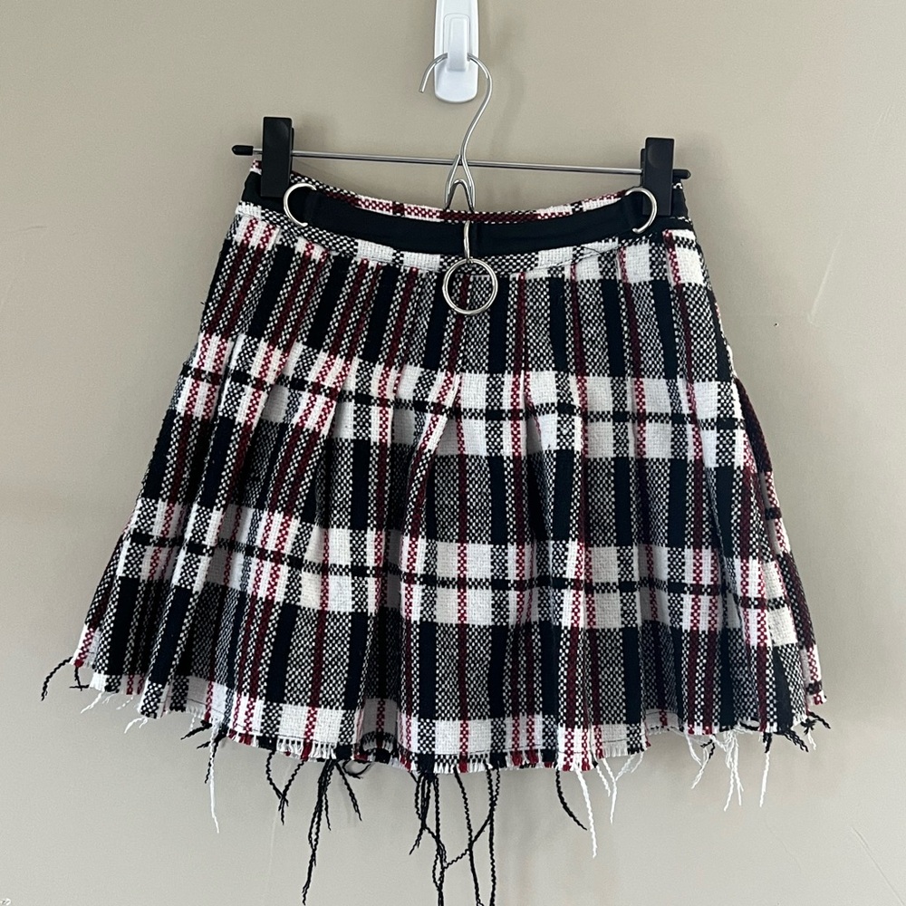 Current Mood Distressed Plaid Wool Skirt